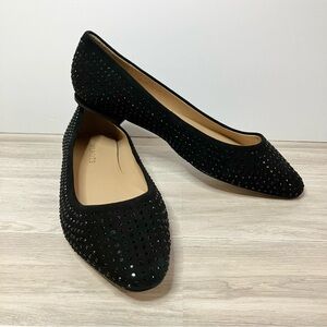 TALBOTS Beaded Leather Ballet Flats 8.5 W Black Cocktail Evening Wedding WIDE